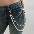 Hip hop layered waist chain with colorful crystals and white faux pearls on denim - Gold Style (1967)