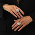 Detail of silver dome textured ring and geometric woven metal ring on model fingers - Woven and Beaded Texture Style / Gold Ring Set (6895)