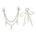 Close-up of hip hop silver metal chain with crosses and pearl bow bag pendant - Pearl Bow Cross Chain Set (6861) / Silver