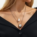 Double-layered necklace with a white baroque pearl and polished silver oval pendant - Double Layered Pearl Style (07004) / Silver