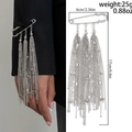 Silver metal safety pin brooch with long tassel chains and star accents on suit - Silver Long Metal Bead Tassel (0352)