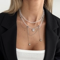 Layered heart pendant necklace featuring clear crystal beads and silver chain elements - Double Layer Transparent Beaded Heart Pendant / Transparent (6869)