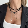 Layered choker necklace featuring black faceted beads and silver heart pendants - Three Layer Black Beaded Silver Heart / Black (6869)