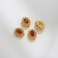 Matte gold vintage lace beads with red gemstones and retro hollow patterns - 8.5x10mm / Red Oval Style (Z298-4)