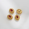 Matte gold oval beads with red stone and colorful zircon accents, set of four pieces - Red Decorative Oval Style (Z298-7)