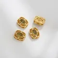 Matte gold DIY lace spacer beads with green zircon and retro flower texture details - Green Rounded Rectangle Style (Z298-12)