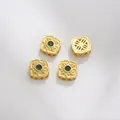 Gold plated openwork beads with green center stone and white zircon accents, set of 4 - Green Square Style (Z298-18)