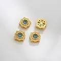 Golden octagonal openwork lace bead with blue gemstone and white zircon accents - Blue Octagonal Style (Z298-21)