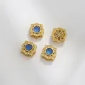 Matte gold octagonal bead featuring blue cat eye stone and micro-pave zircons - Blue Square Style (Z298-23)
