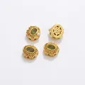 Set of four gold hollow lace beads with green oval stone and white pearl for DIY - Green Pearl Decor Style (Z298-27)