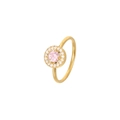 Elegant gold ring featuring a round pink gemstone surrounded by a halo of micro-pave zircons - US 6 / Gold-Pink Zirconia