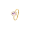 Elegant gold pear-cut purple zircon ring with a white micro-pave halo setting - Gold-Purple Zirconia