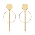 Minimalist gold geometric hoop tassel earrings featuring long metal bar and round disk - Gold Ring Long Bar Drop Earrings (28)