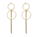 Minimalist gold geometric dangle earrings with interlocking circles and a long metal bar - Gold Double Round Long Bar Style (6)