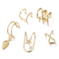 Five-piece gold ear cuff set with leaf star and cross designs on white background - Classic Variety Set (516351)