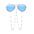 Blue aviator sunglasses with silver metal frame and white pearl beaded eyewear chain - Silver