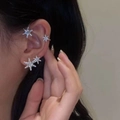 Sparkling silver star ear cuff and stud set with pavé zircon crystals for women - Snow Crystal Silver Left