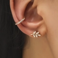 Golden leaf ear cuff and zircon hoop set, minimalist geometric design for women - Gold Leaf Stud And Fine Ear Hoop / Gold