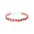 Detail der rot-rosa bestickten Blumen-Choker-Halskette mit silberner Verstellkette - Rot