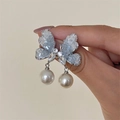 Elegant butterfly drop earrings with blue zircon wings and round white pearls - Pearl Butterfly Crystal Style