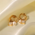 French vintage earrings with gold rings, white pearls and square clear zircon insets - White