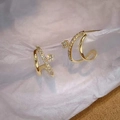 Luxurious double-layered C-shaped gold earrings with zircon pave and star accents - Double Layer C-Shape Rhinestone Star Style / Gold