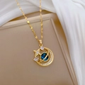 Elegant gold moon and star necklace with blue planet pendant and sparkling diamonds - Star Moon Planet Style (277)