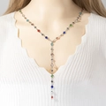 Silver Y-shape long necklace with colorful round crystals shown on a white background - Silver Multicolor Stones (288yjin)