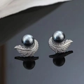 925 silver needle feather stud earrings with cubic zirconia and dark grey pearls - Gray