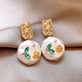 Vintage baroque pearl flower earrings with gold metal and zircon accents on satin - Irregular Gold Metal White Large Bead Carved Rose (6#)