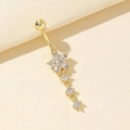 Piercing para ombligo dorado con flor de circón y tres colgantes de cristal brillante - Estilo Flor de Cinco Pétalos con Triple Gota (9)