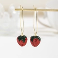 Sparkling red strawberry drop earrings with green rhinestones and gold hooks - Strawberry Hook Earrings
