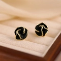 French style camellia earrings with black enamel petals and gold plated zircon details - No.13 Black Gold-Edged Camellia (XXX6568-1)