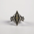 Vintage rhombic signet ring with golden cross and gothic wings in retro silver finish - Rhombus Radial Pattern (Style 3)