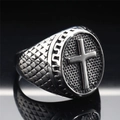 Vintage gothic men's stainless steel cross ring with embossed honeycomb texture - Oval Face Cross (180)