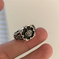 Vintage silver men's ring with black rectangular surface and crown relief - Crown Relief (Style 9)