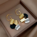 Retro multi-layered geometric round drop earrings with mixed metal finishes on brown satin - Gold Black Silver Contrast