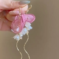 Elegant pink petal flower drop earrings with white lily beads and wavy gold wire tassels - Pink Gold