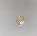 Detailed close-up of golden signet ring featuring an oval light blue opal inlay - US 8 / Round Artificial Pearl Style