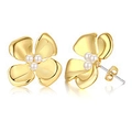 Gold-tone flower stud earrings featuring central white pearls and polished metallic petals - Gold Flower Pearl Studs (EBS-056G)