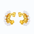 Golden C-shaped hoop earrings featuring white pearls and internal heart patterns - Gold Pearl Heart C-Shape Earrings (EBD-223G)