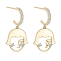 Golden earrings with diamond studs featuring a hollow girl portrait profile design - Gold Girl Profile Zircon Earrings (EBS-024)