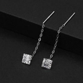 Silver drop earrings with square zircon and long chain, showing S925 hallmark - Square Shape (B)