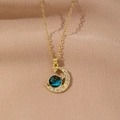 Gold astronaut crescent moon necklace with blue nebula sphere and white micro-inlaid crystals - Dark Blue Moon Style(280B)