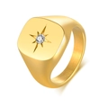 Gold stainless steel signet ring with starburst zircon and brushed metal finish - Gold Rounded Rectangle Starburst Zirconia (RC-524G)