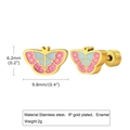 Detail van roze en blauwe emaille vlinder oorknopjes van 9,8 mm x 6,2 mm met goud plating - Emaille vlinder oorknopjes (paar)