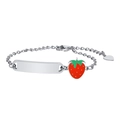 Bracelet ID en acier argenté avec breloque fraise rouge et chaîne ajustable avec cœur - Acier