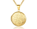 Collar de relicario dorado redondo con grabado floral radial y cadena de eslabones O - Estilo Relieve Floral / Dorado
