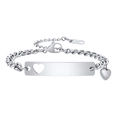 Polished silver stainless steel chain bracelet with hollow heart ID tag and charm - Silver Chain Width 5.4mm; Total Length 16+5cm