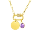Gold paperclip necklace featuring a blank gold disc and a sparkling purple zircon pendant - Purple Gem Round Tag Pendant (NC-2181G-2)